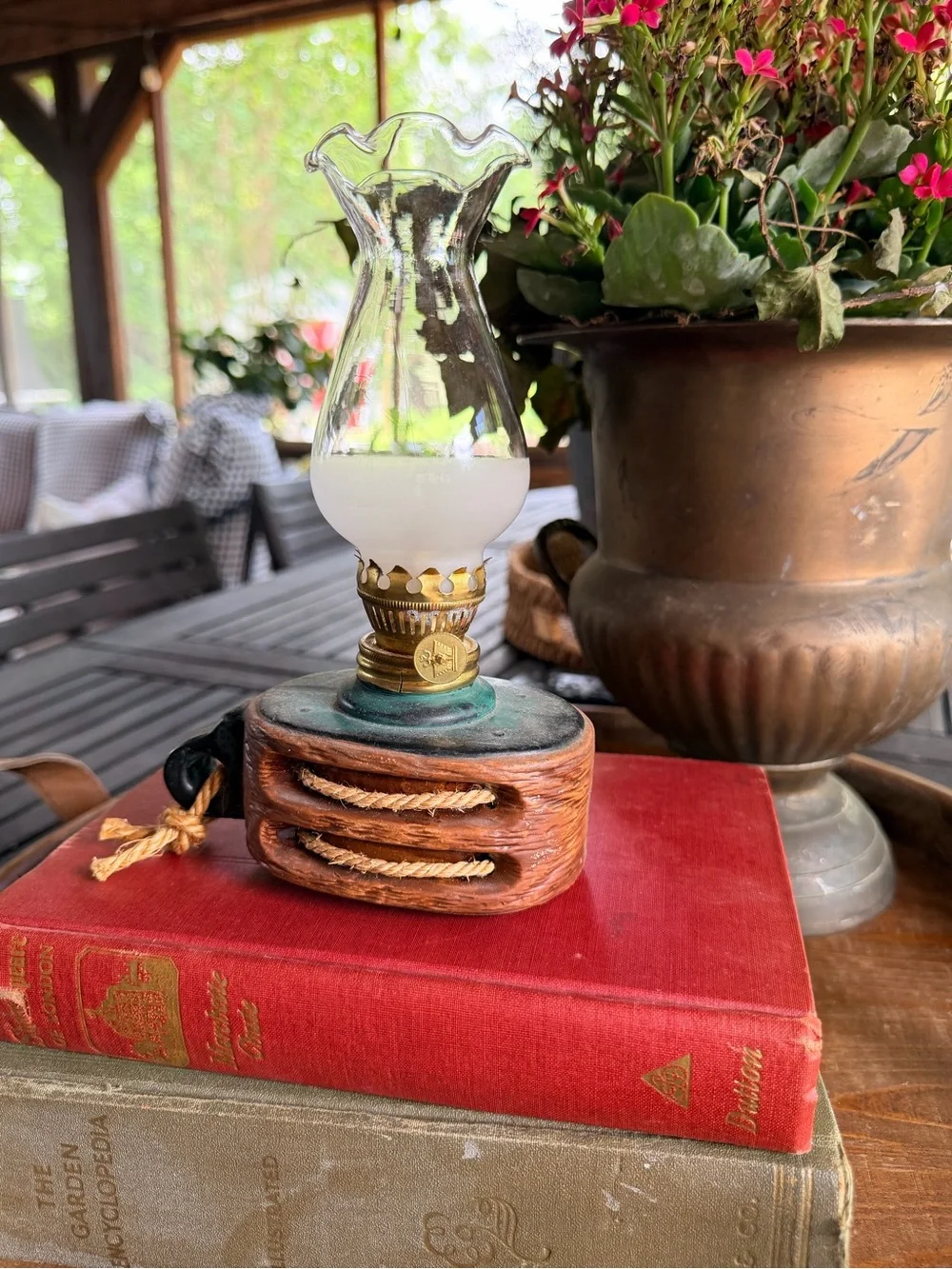 Vintage Rustic Wooden Rope Accent Oil Lamp